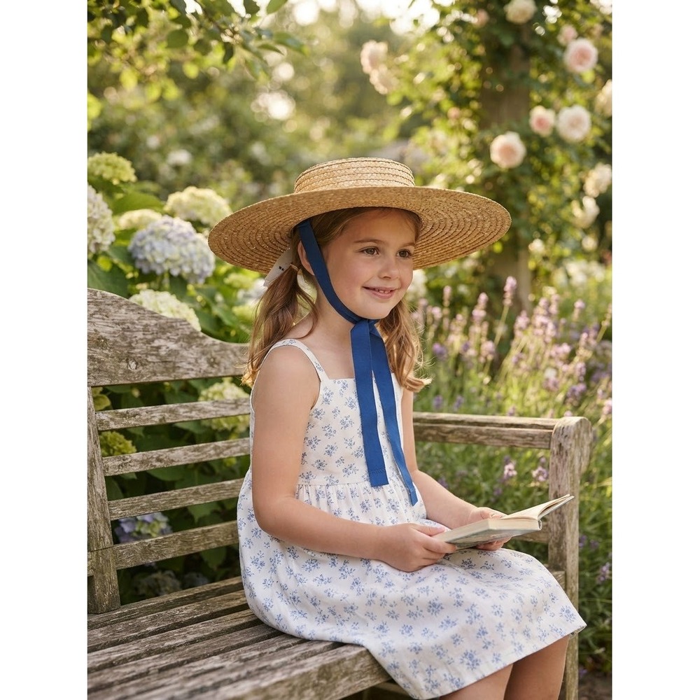 Tia Cibani Kids Zsofia Shallow Boater Straw Hat Marine Blue Ribbon SS22 OS NEW